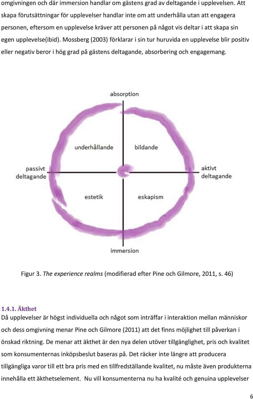 upplevelse(ibid). Mossberg (2003) förklarar i sin tur huruvida en upplevelse blir positiv eller negativ beror i hög grad på gästens deltagande, absorbering och engagemang. Figur 3.