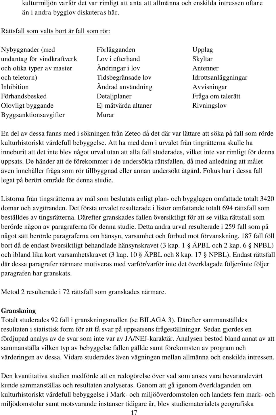 Förlägganden Lov i efterhand Ändringar i lov Tidsbegränsade lov Ändrad användning Detaljplaner Ej mätvärda altaner Murar Upplag Skyltar Antenner Idrottsanläggningar Avvisningar Fråga om talerätt