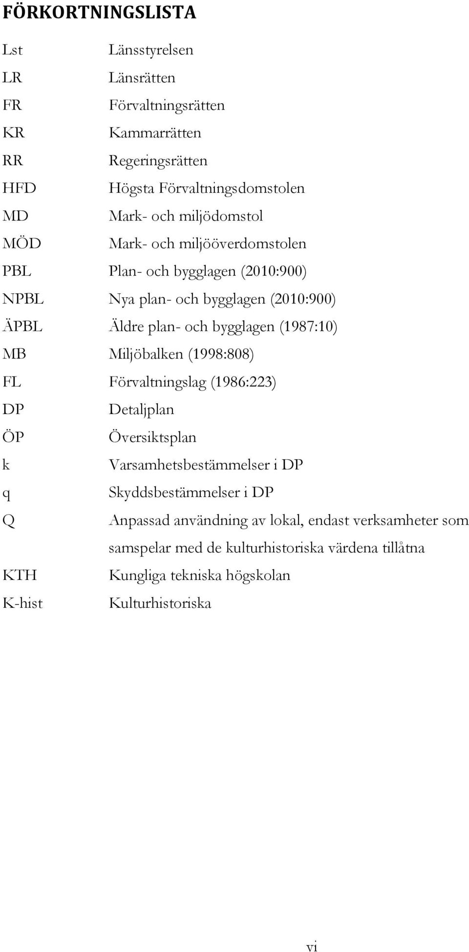 (1987:10) MB Miljöbalken (1998:808) FL Förvaltningslag (1986:223) DP Detaljplan ÖP Översiktsplan k Varsamhetsbestämmelser i DP q Skyddsbestämmelser i DP Q