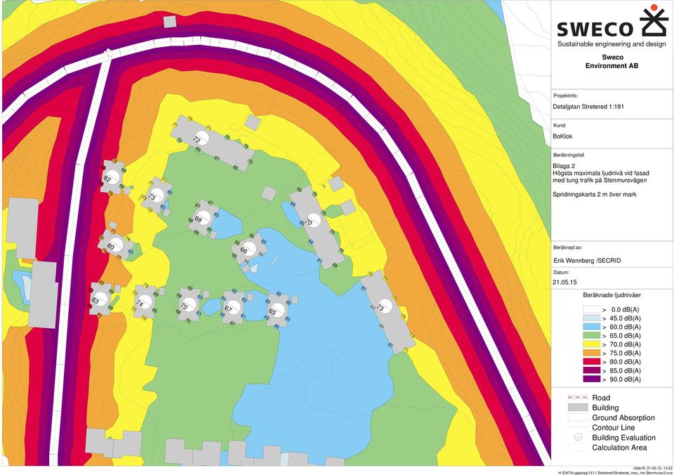 60 60 21.05.15 Beräknade ljudnivåer > 0.0 db(a) >.0 db(a) > 60.0 db(a) >.0 db(a) >.0 db(a) > 75.0 db(a) > 80.0 db(a) > 85.0 db(a) > 90.
