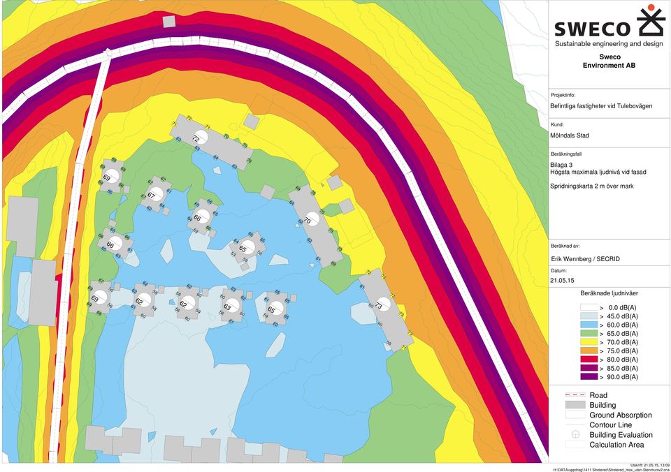 59 21.05.15 Beräknade ljudnivåer > 0.0 db(a) >.0 db(a) > 60.0 db(a) >.0 db(a) >.0 db(a) > 75.0 db(a) > 80.0 db(a) > 85.0 db(a) > 90.