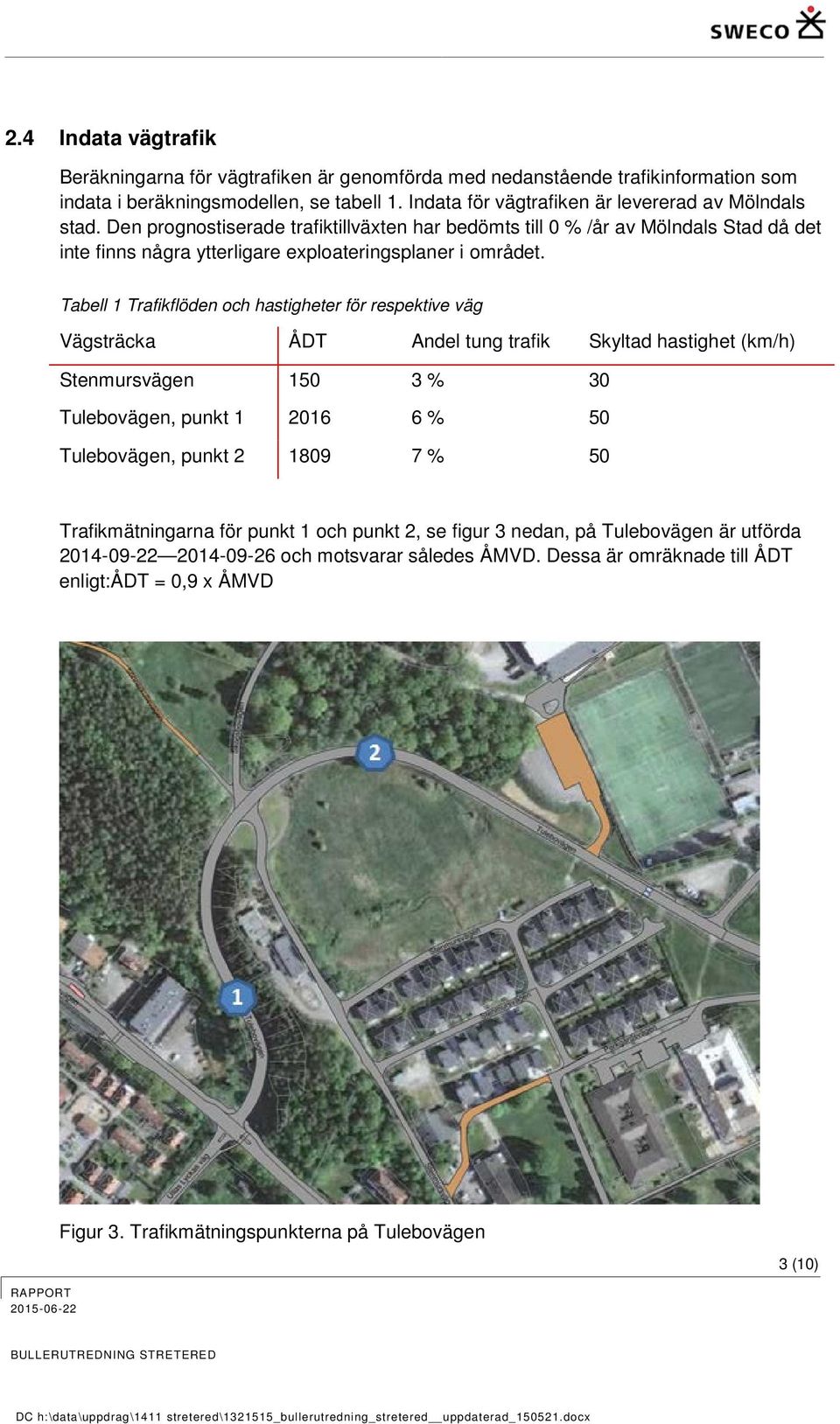 Tabell 1 Trafikflöden och hastigheter för respektive väg Vägsträcka ÅDT Andel tung trafik Skyltad hastighet (km/h) Stenmursvägen 150 3 % 30 Tulebovägen, punkt 1 2016 6 % 50 Tulebovägen, punkt 2 1809