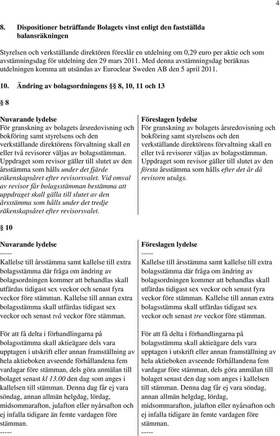 Ändring av bolagsordningens 8, 10, 11 och 13 8 Nuvarande lydelse För granskning av bolagets årsredovisning och bokföring samt styrelsens och den verkställande direktörens förvaltning skall en eller