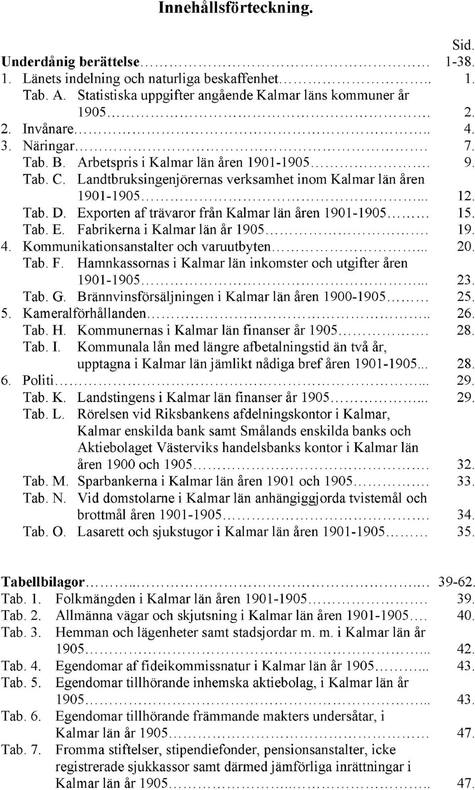 Exporten af trävaror från Kalmar län åren 1901-1905 15. Tab. E. Fabrikerna i Kalmar län år 1905. 19. 4. Kommunikationsanstalter och varuutbyten... 20. Tab. F. Hamnkassornas i Kalmar län inkomster och utgifter åren 1901-1905.