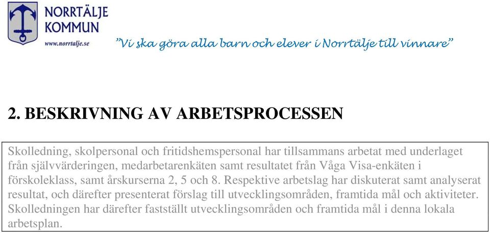 Respektive arbetslag har diskuterat samt analyserat resultat, och därefter presenterat förslag till utvecklingsområden,