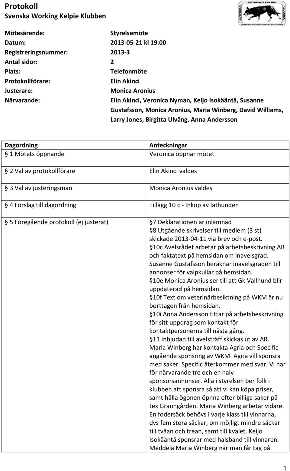 Monica Aronius, Maria Winberg, David Williams, Larry Jones, Birgitta Ulväng, Anna Andersson Dagordning Anteckningar 1 Mötets öppnande Veronica öppnar mötet 2 Val av protokollförare Elin Akinci valdes