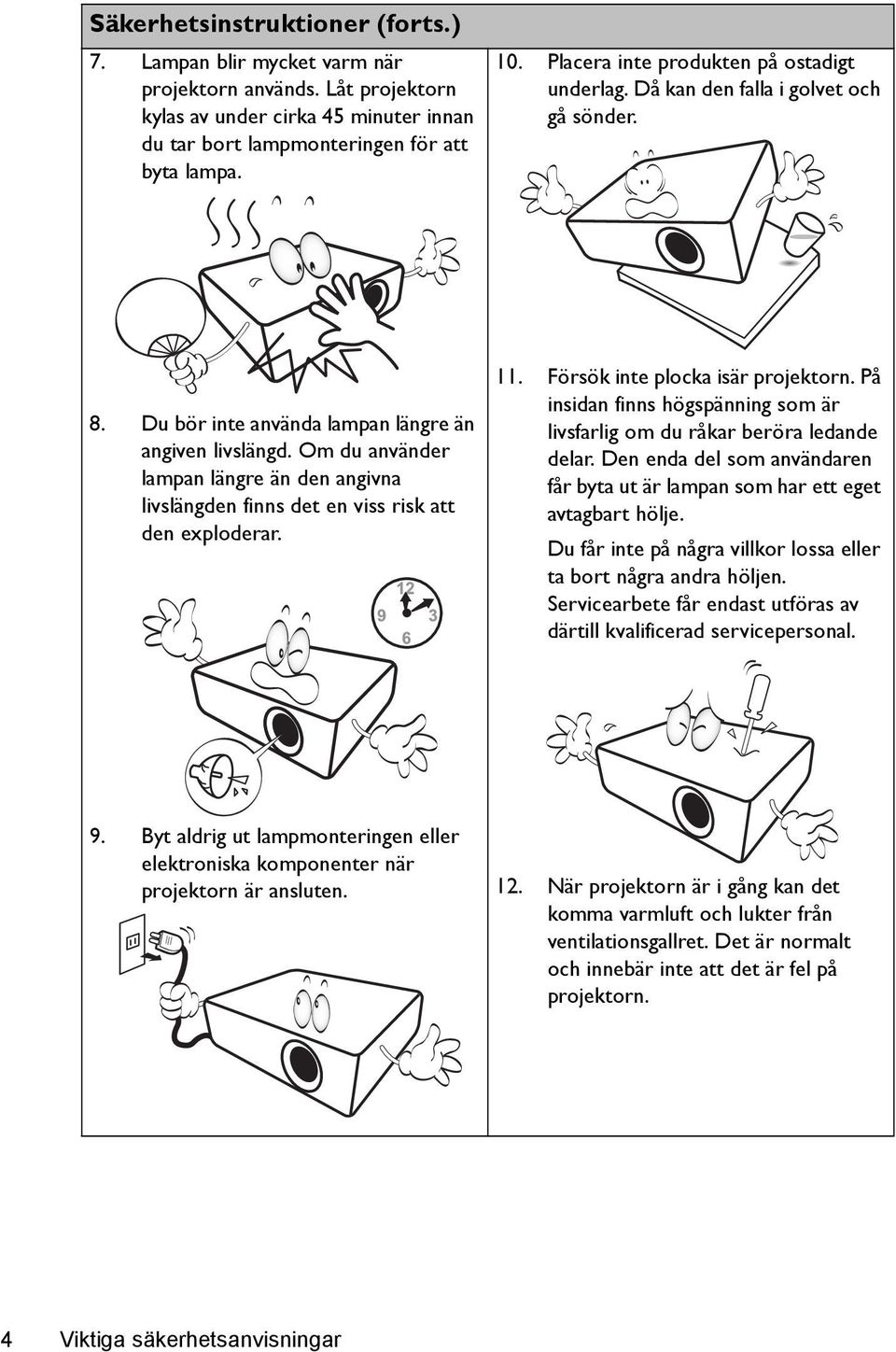 Om du använder lampan längre än den angivna livslängden finns det en viss risk att den exploderar. 11. Försök inte plocka isär projektorn.