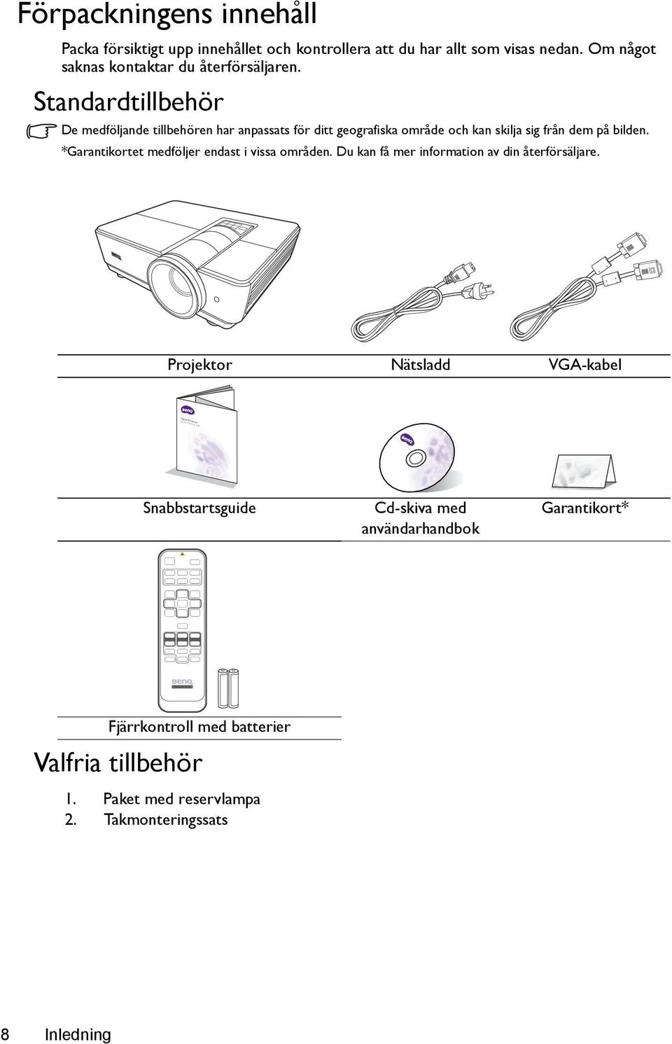 Standardtillbehör De medföljande tillbehören har anpassats för ditt geografiska område och kan skilja sig från dem på bilden.