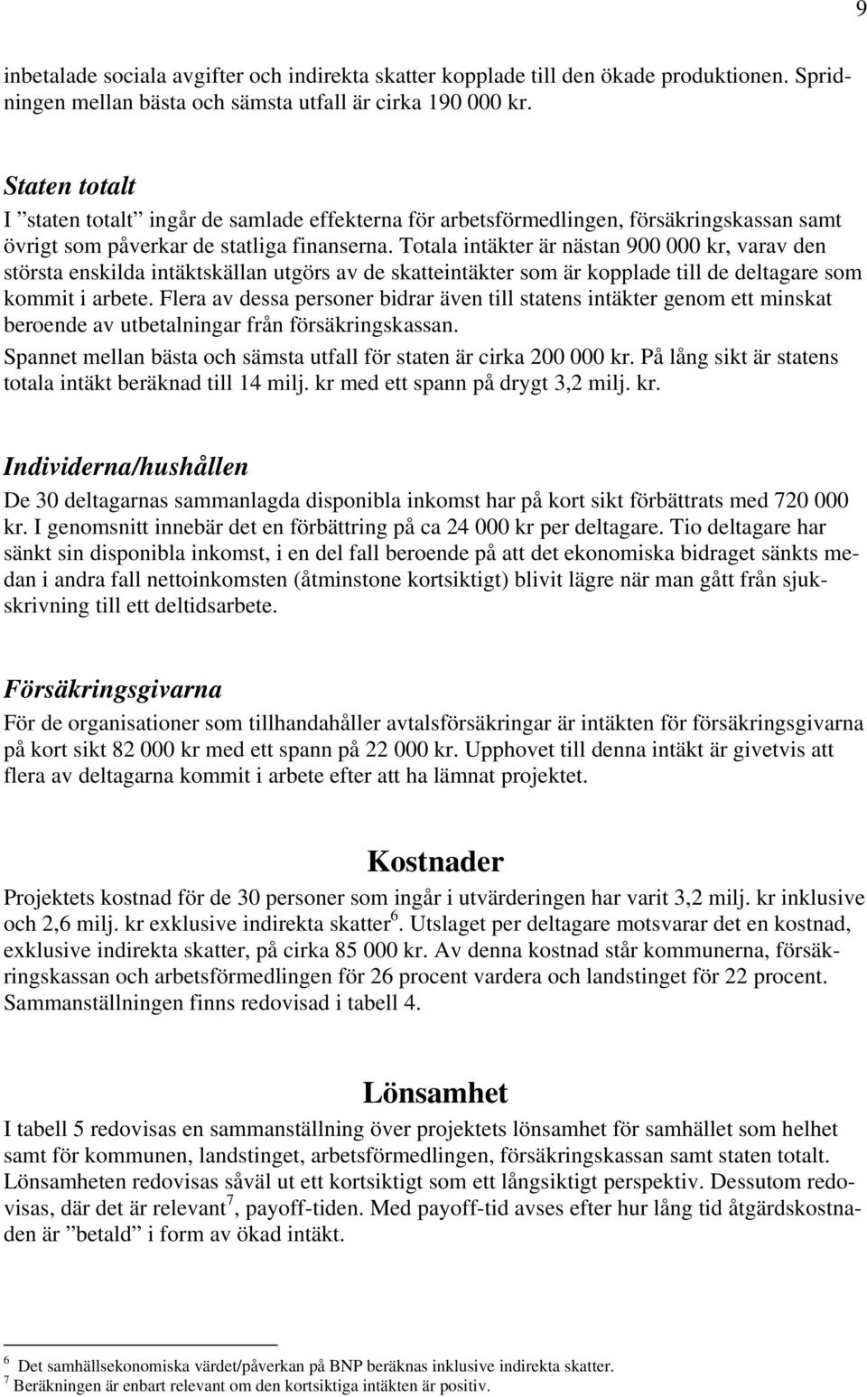 Totala intäkter är nästan 900 000 kr, varav den största enskilda intäktskällan utgörs av de skatteintäkter som är kopplade till de deltagare som kommit i arbete.