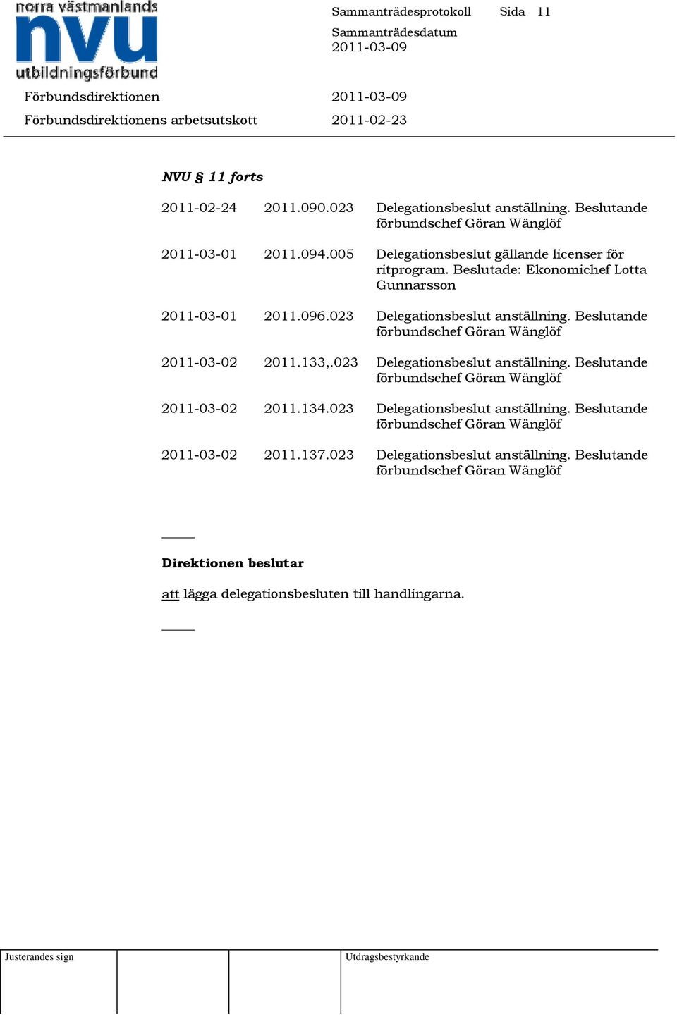 023 Delegationsbeslut anställning. Beslutande 2011-03-02 2011.133,.023 Delegationsbeslut anställning. Beslutande 2011-03-02 2011.134.