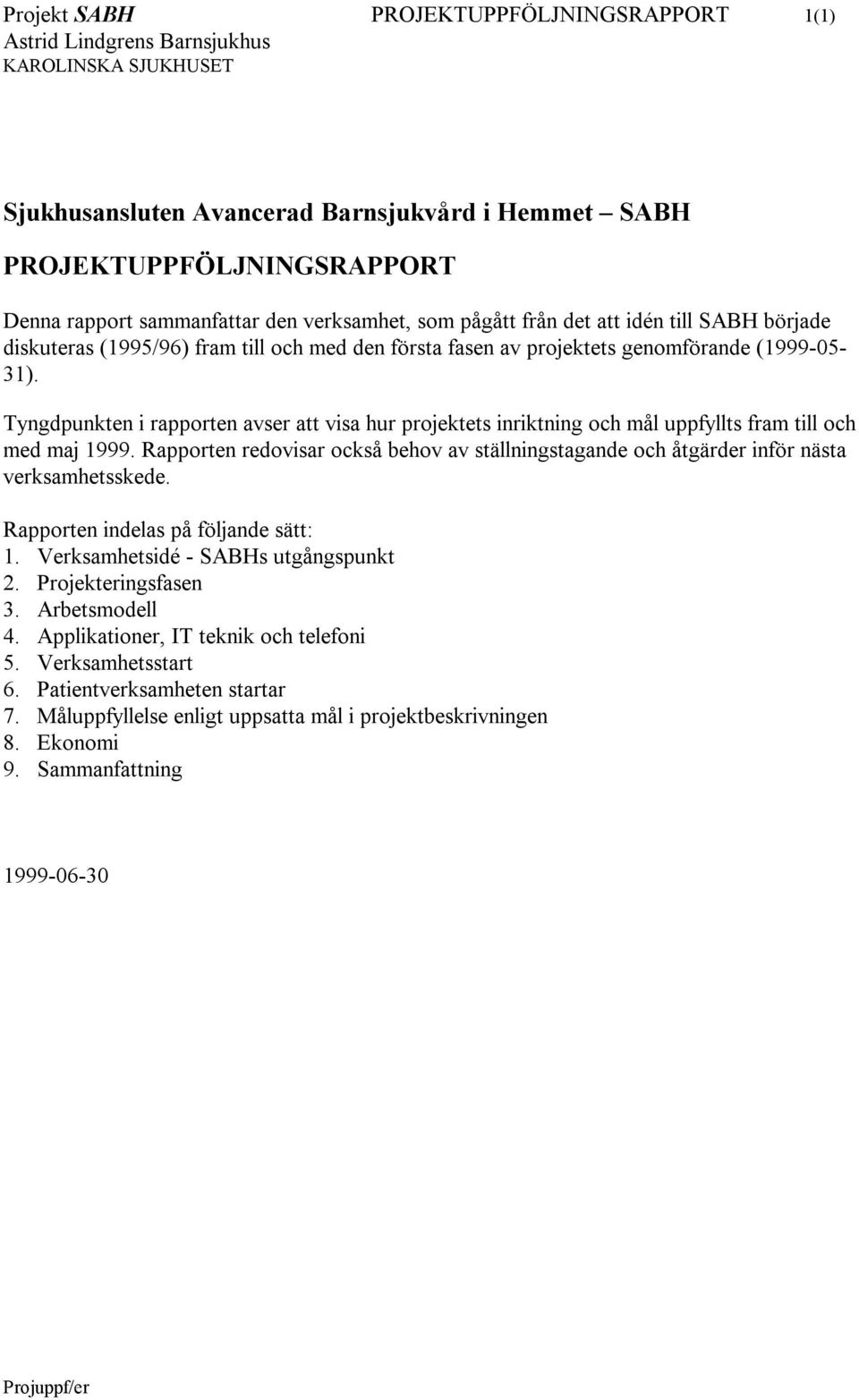 Tyngdpunkten i rapporten avser att visa hur projektets inriktning och mål uppfyllts fram till och med maj 1999.