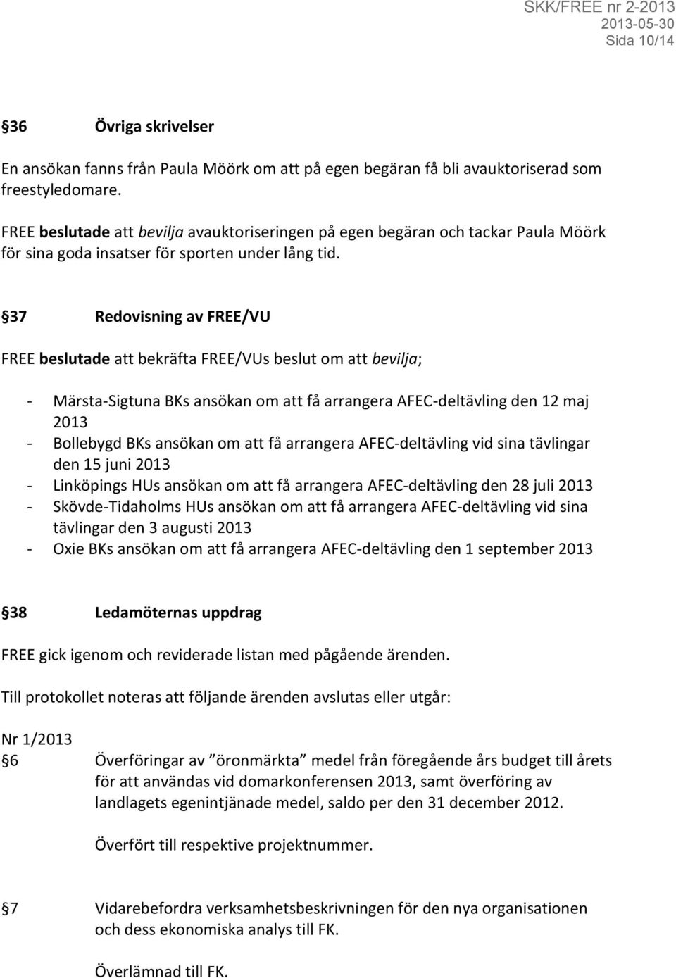 37 Redovisning av FREE/VU FREE beslutade att bekräfta FREE/VUs beslut om att bevilja; - Märsta-Sigtuna BKs ansökan om att få arrangera AFEC-deltävling den 12 maj 2013 - Bollebygd BKs ansökan om att