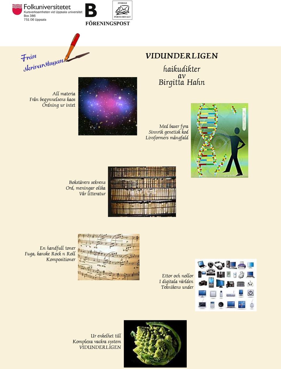 Livsformers mångfald Bokstävers sekvens Ord, meningar olika Vår litteratur En handfull toner Fuga, kanske Rock