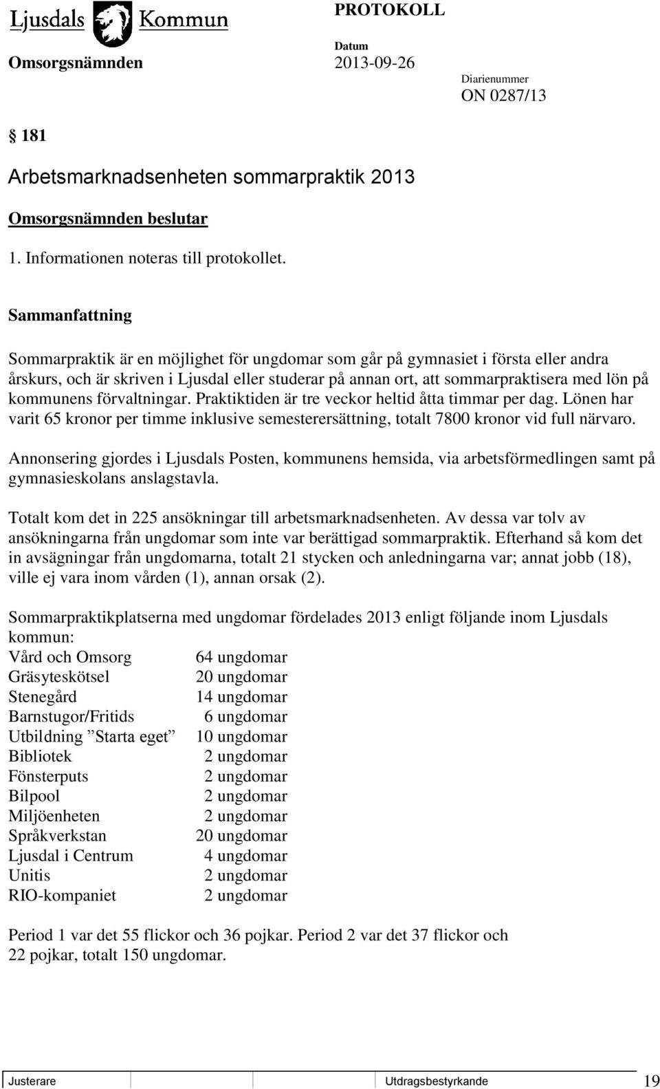 förvaltningar. Praktiktiden är tre veckor heltid åtta timmar per dag. Lönen har varit 65 kronor per timme inklusive semesterersättning, totalt 7800 kronor vid full närvaro.