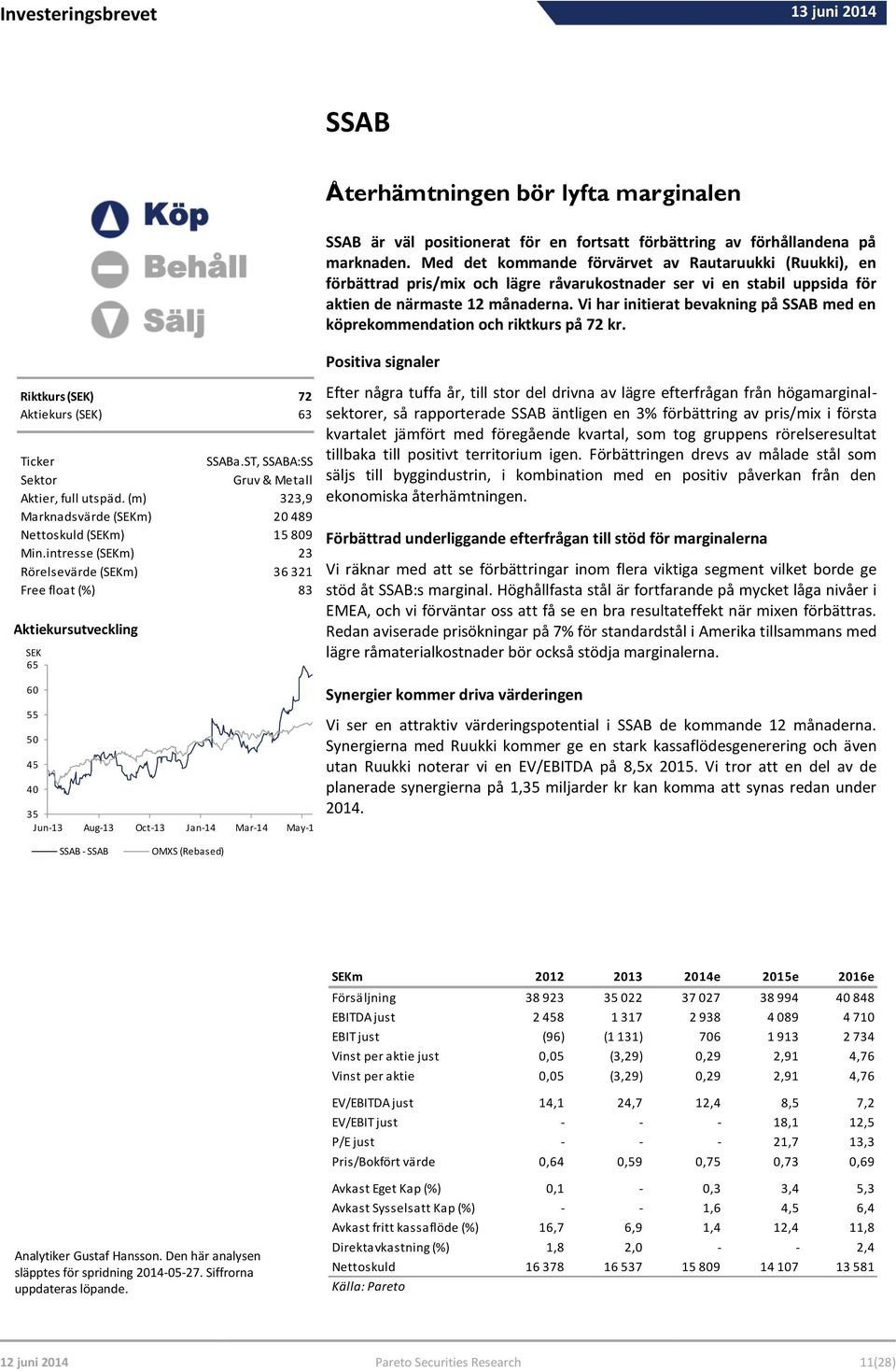 Vi har initierat bevakning på SSAB med en köprekommendation och riktkurs på 72 kr. Riktkurs (SEK) 72 Aktiekurs (SEK) 63 Ticker SSABa.ST, SSABA:SS Sektor Gruv & Metall Aktier, full utspäd.