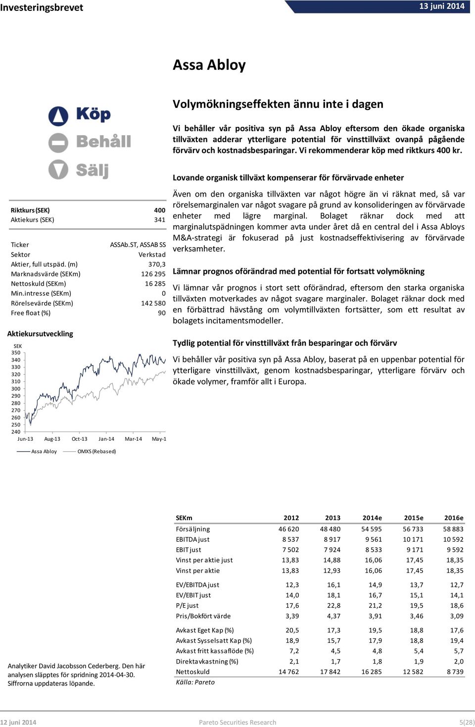 kostnadsbesparingar. Vi rekommenderar köp med riktkurs 400 kr. Riktkurs (SEK) 400 Aktiekurs (SEK) 341 Ticker ASSAb.ST, ASSAB SS Sektor Verkstad Aktier, full utspäd.