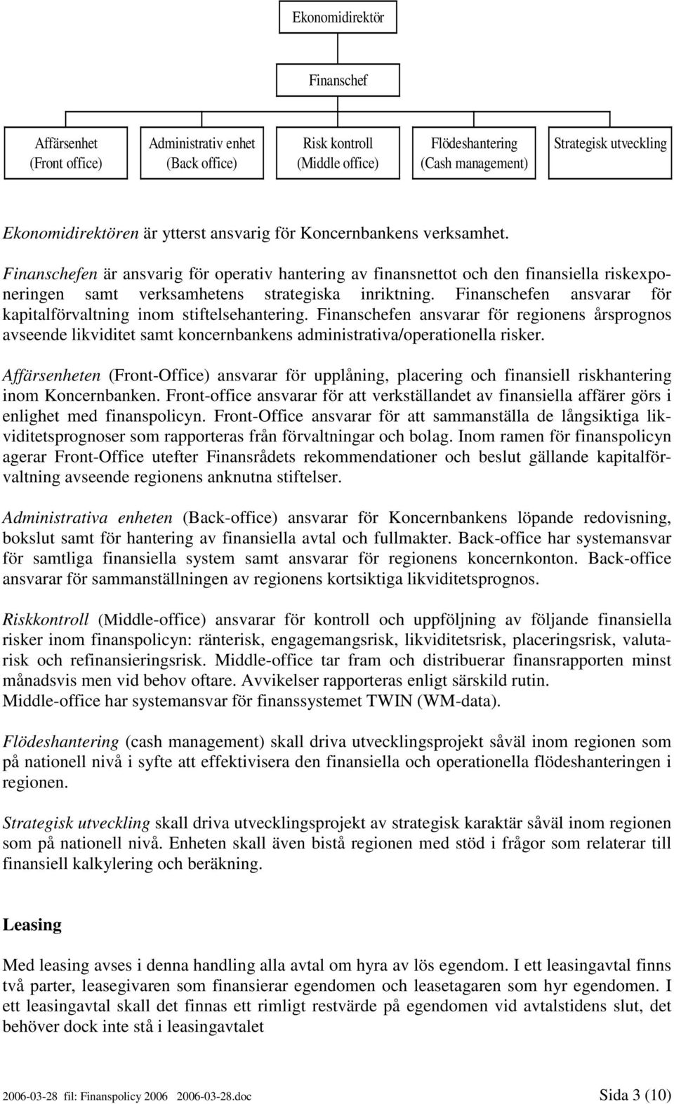 Finanschefen ansvarar för kapitalförvaltning inom stiftelsehantering. Finanschefen ansvarar för regionens årsprognos avseende likviditet samt koncernbankens administrativa/operationella risker.