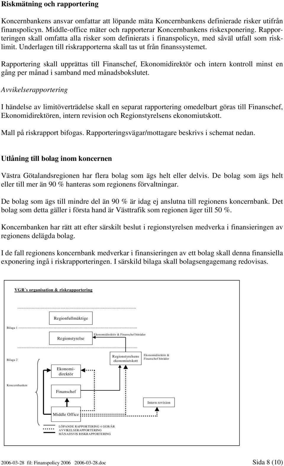 Rapportering skall upprättas till Finanschef, Ekonomidirektör och intern kontroll minst en gång per månad i samband med månadsbokslutet.