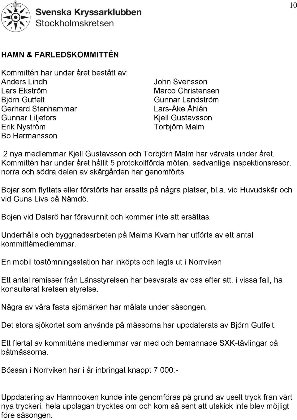 Kommittén har under året hållit 5 protokollförda möten, sedvanliga inspektionsresor, norra och södra delen av skärgården har genomförts.