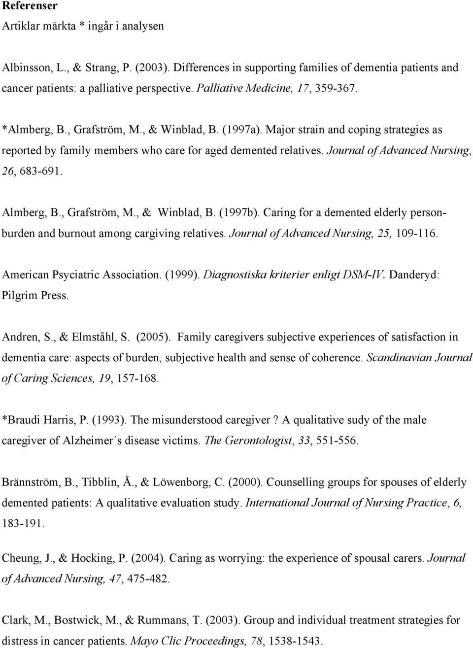 Journal of Advanced Nursing, 26, 683-691. Almberg, B., Grafström, M., & Winblad, B. (1997b). Caring for a demented elderly personburden and burnout among cargiving relatives.