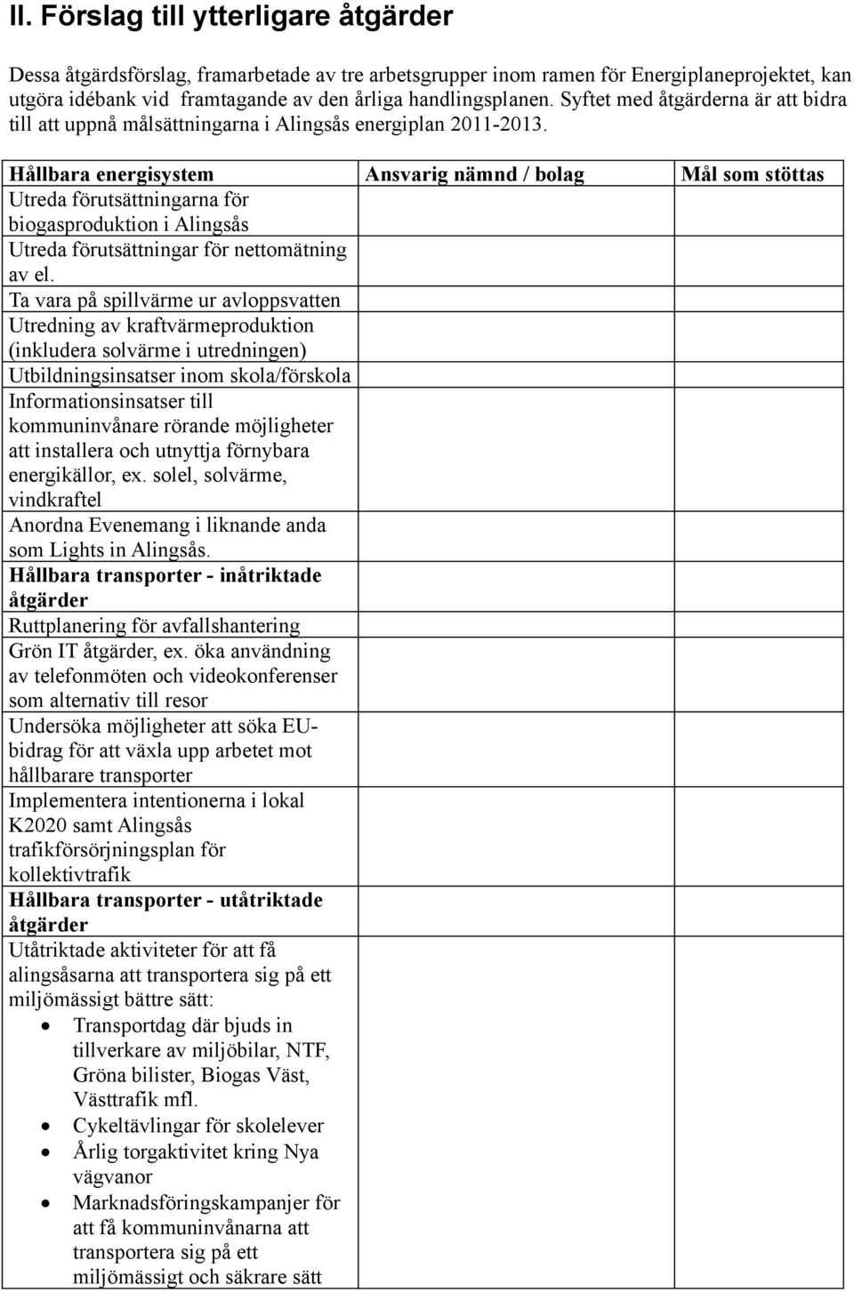 Hållbara energisystem Ansvarig nämnd / bolag Mål som stöttas Utreda förutsättningarna för biogasproduktion i Alingsås Utreda förutsättningar för nettomätning av el.