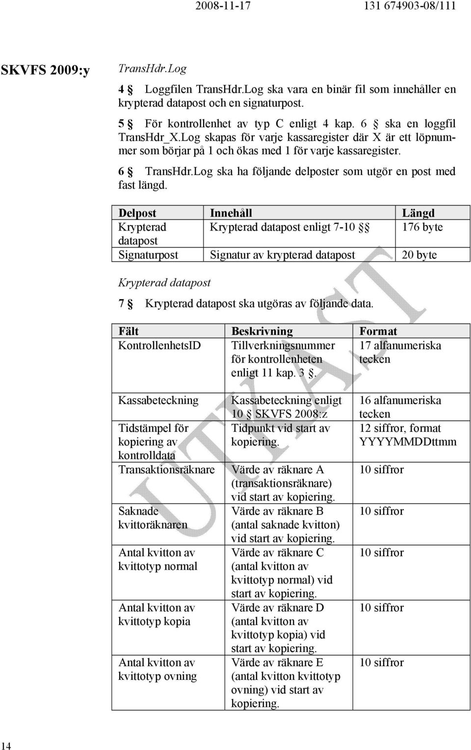 Delpost Innehåll Längd Krypterad Krypterad datapost enligt 7-10 176 byte datapost Signaturpost Signatur av krypterad datapost 20 byte Krypterad datapost 7 Krypterad datapost ska utgöras av följande