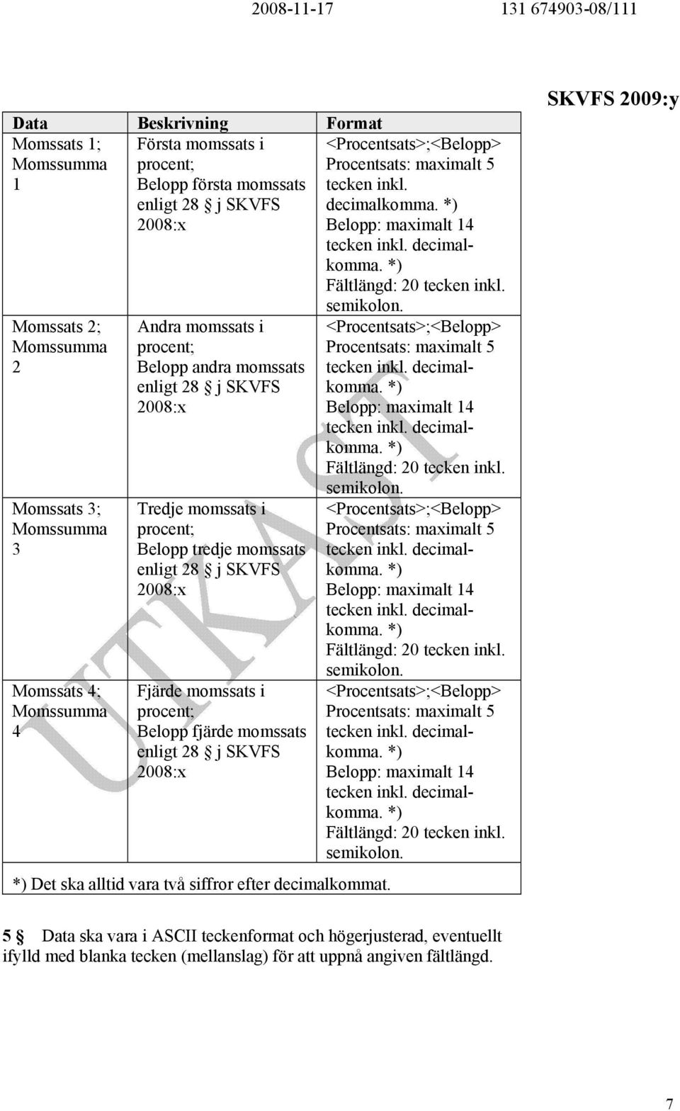 enligt 28 j SKVFS 2008:x *) Det ska alltid vara två siffror efter decimalkommat. <Procentsats>;<Belopp> Procentsats: maximalt 5 tecken inkl. decimalkomma. *) Belopp: maximalt 14 tecken inkl.