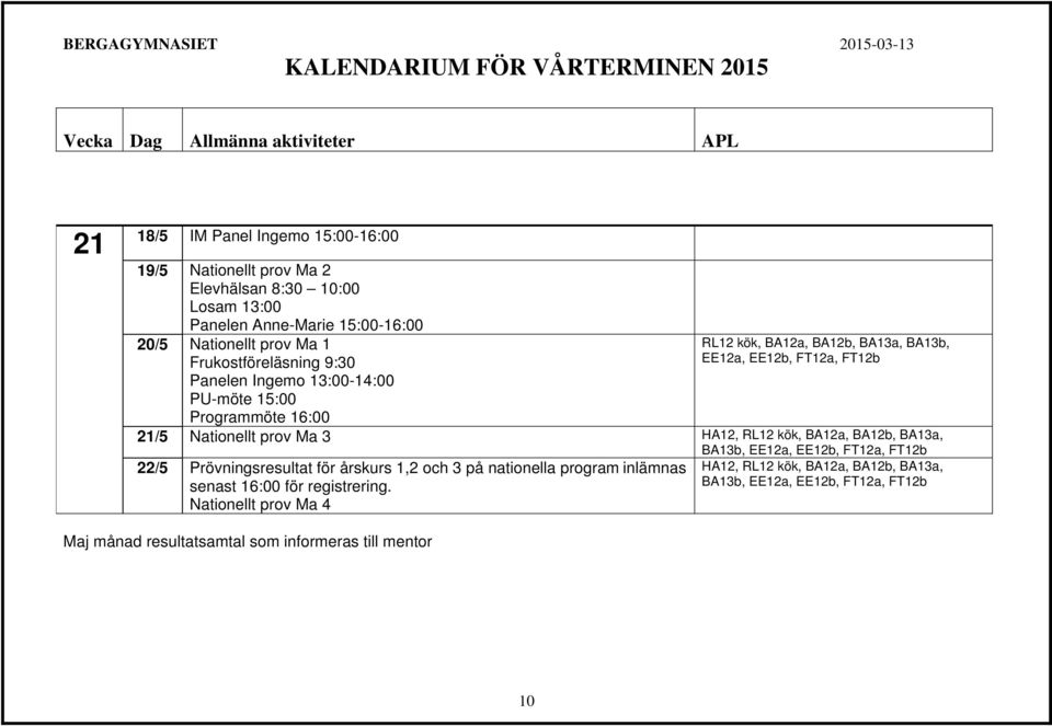 FT12a, FT12b 21/5 Nationellt prov Ma 3 HA12, RL12 kök, BA12a, BA12b, BA13a, 22/5 Prövningsresultat för årskurs 1,2 och 3 på nationella