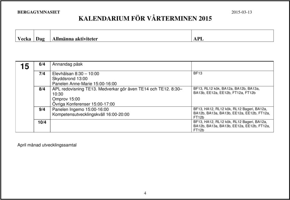 8:30 10:30 Omprov 15:00 Övriga Konferenser 15:00-17:00 9/4 Panelen Ingemo 15:00-16:00 Kompetensutvecklingskväll 16:00-20:00 BF13