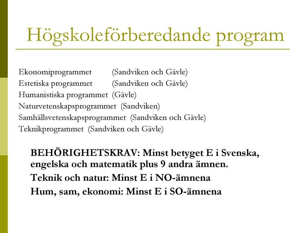 (Sandviken och Gävle) Teknikprogrammet (Sandviken och Gävle) BEHÖRIGHETSKRAV: Minst betyget E i Svenska,