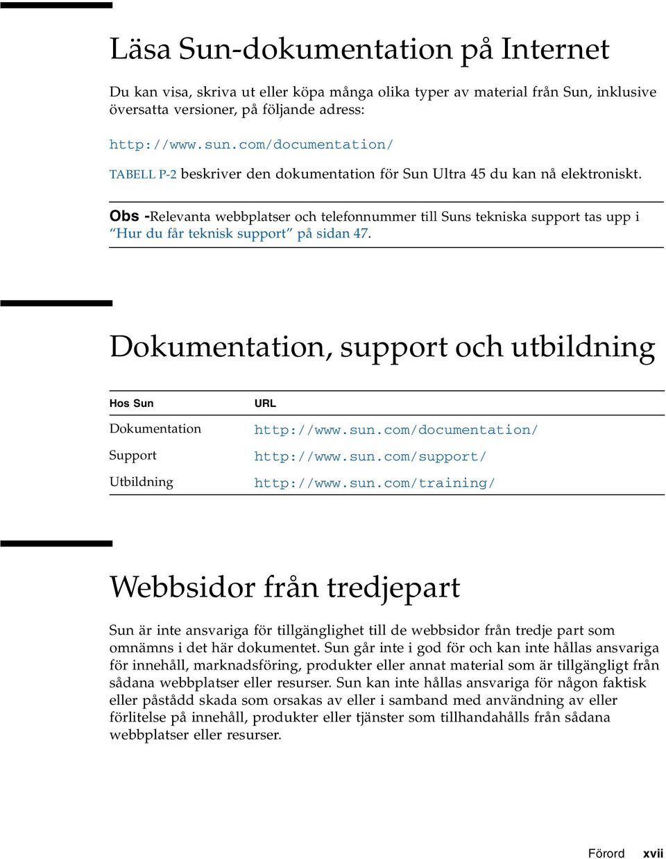 Obs -Relevanta webbplatser och telefonnummer till Suns tekniska support tas upp i Hur du får teknisk support på sidan 47.