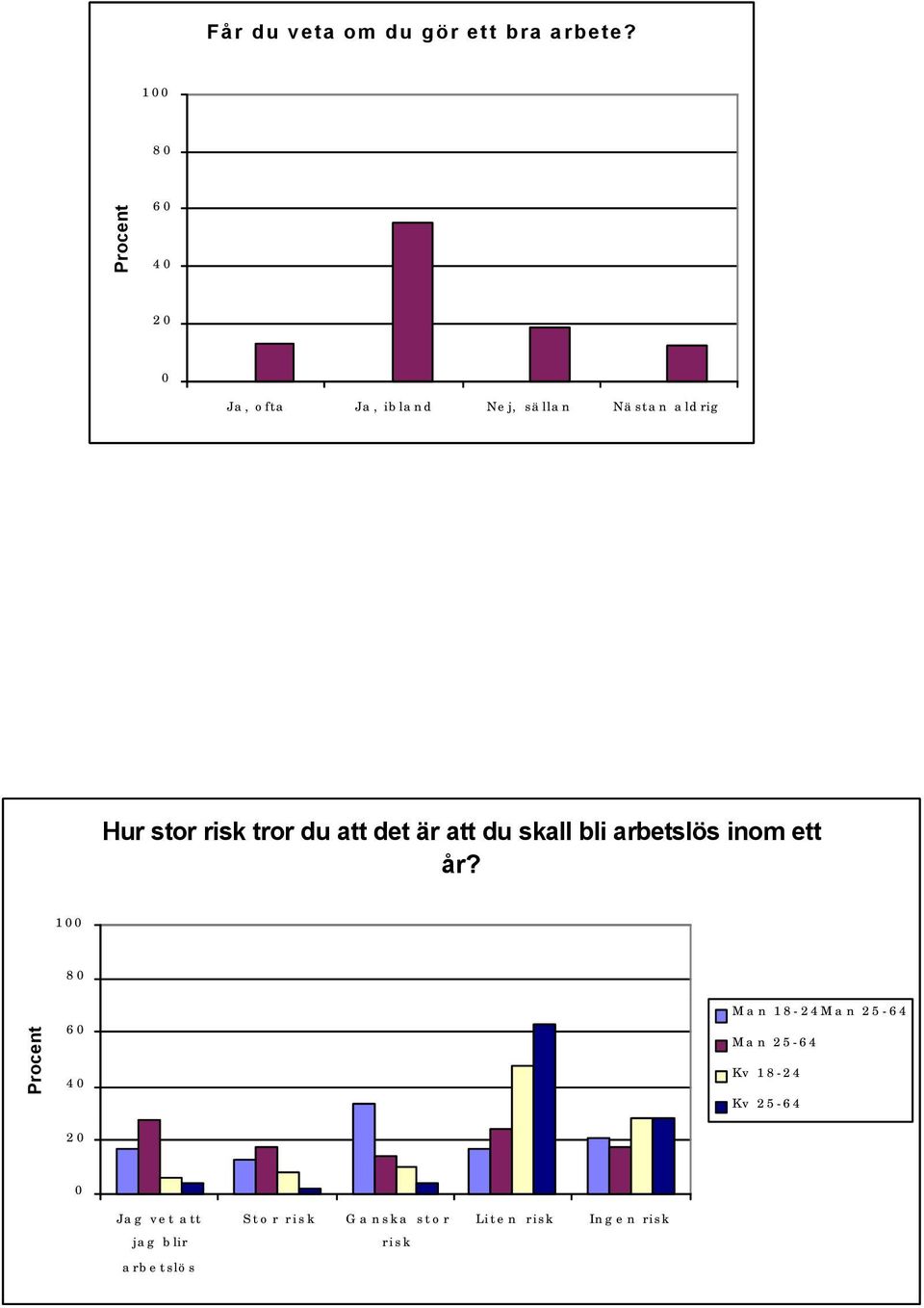 När det gäller bedömningen av risken att få behålla sitt arbete så är det i åldersgruppen 25-64 år man är mest positiv.