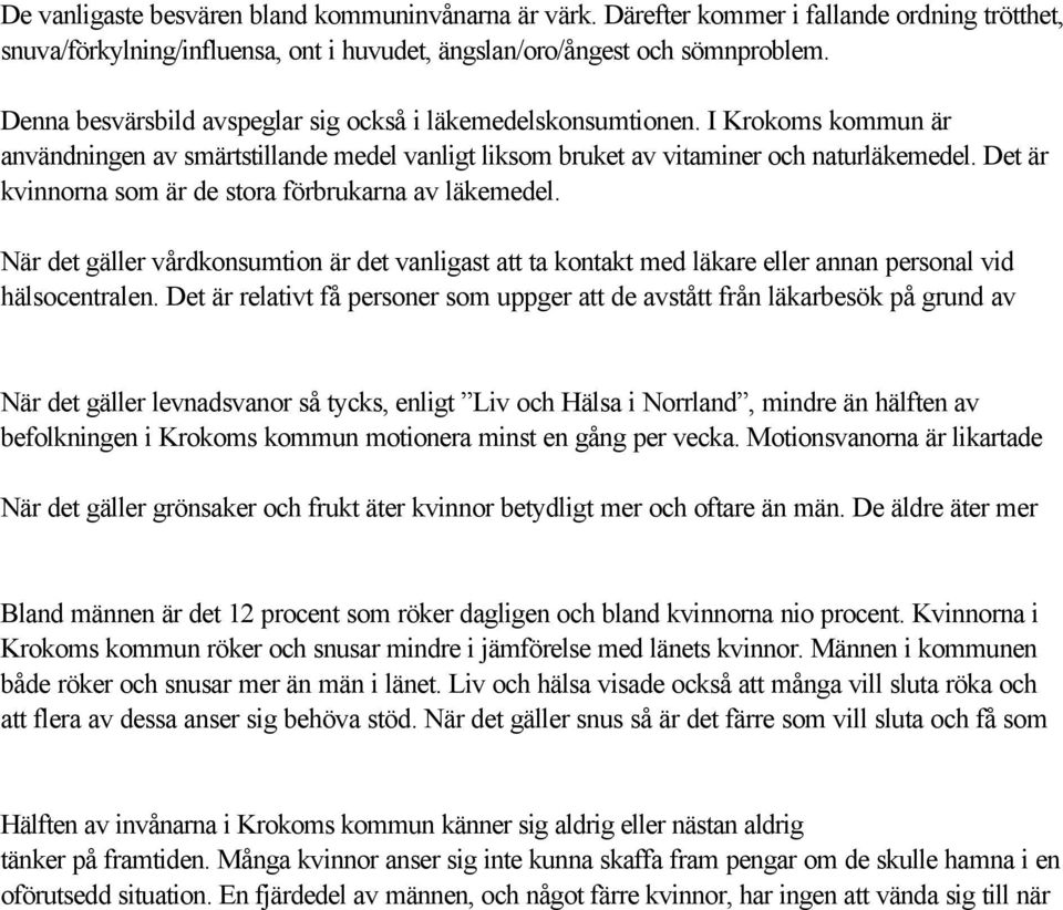 I Krokoms kommun är användningen av smärtstillande medel vanligt liksom bruket av vitaminer och naturläkemedel. Det är kvinnorna som är de stora förbrukarna av läkemedel.