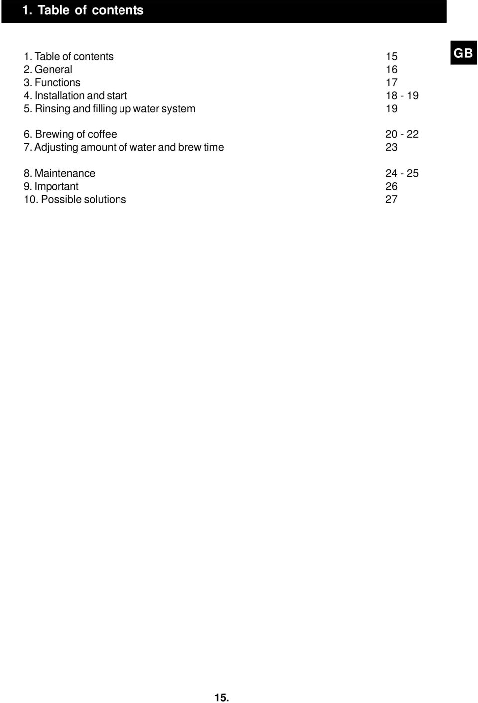 Rinsing and filling up water system 19 GB 6. Brewing of coffee 20-22 7.