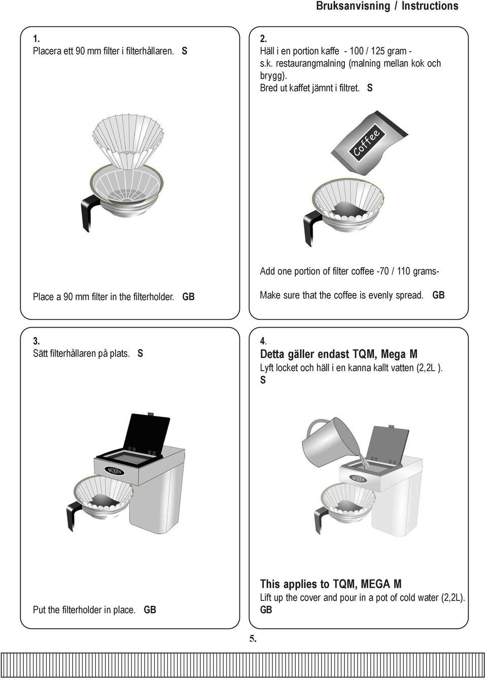 GB Make sure that the coffee is evenly spread. GB 3. Sätt filterhållaren på plats. S 4.