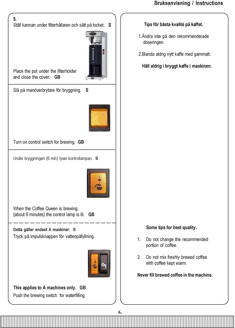 S Turn on control switch for brewing. GB Under bryggningen (6 min) lyser kontrollampan. S When the Coffee Queen is brewing, (about 6 minutes) the control lamp is lit.