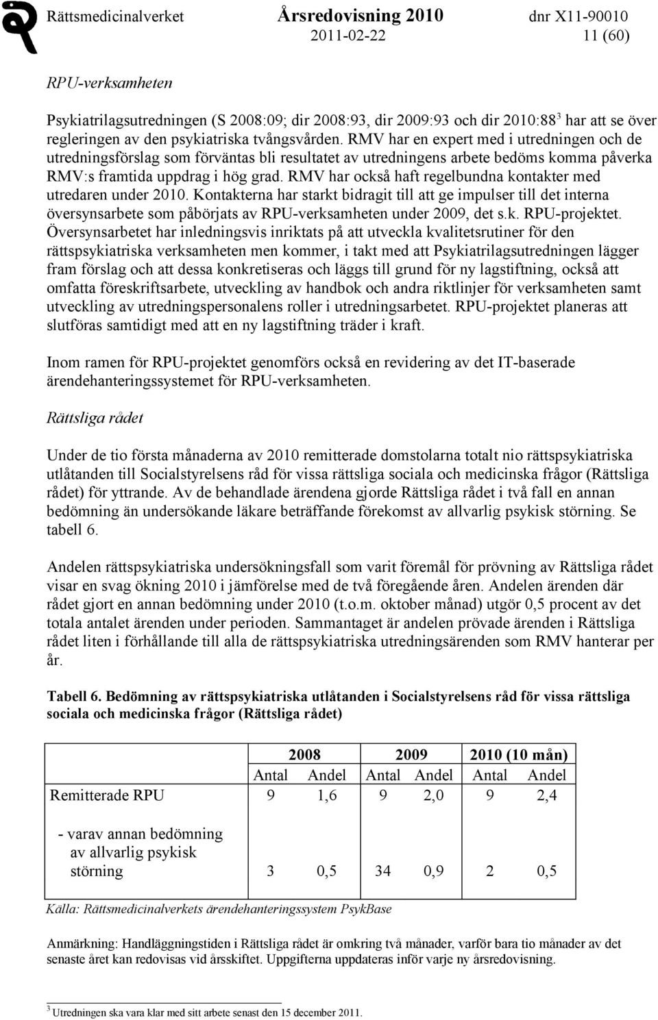 RMV har också haft regelbundna kontakter med utredaren under 2010.