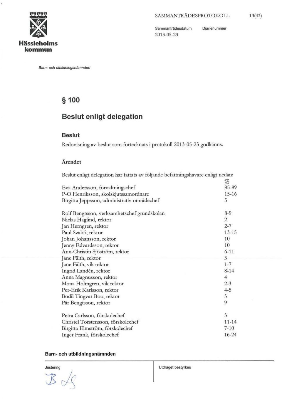 områdechef 85-89 15-16 s Rolf Bengtsson, verksamhetschef grundskolan Nielas Haglind, rektor Jan Herngren, rektor Paul Szab6, rektor J o han Johansson, rektor J enny Edvardsson, rektor Ann-Christin