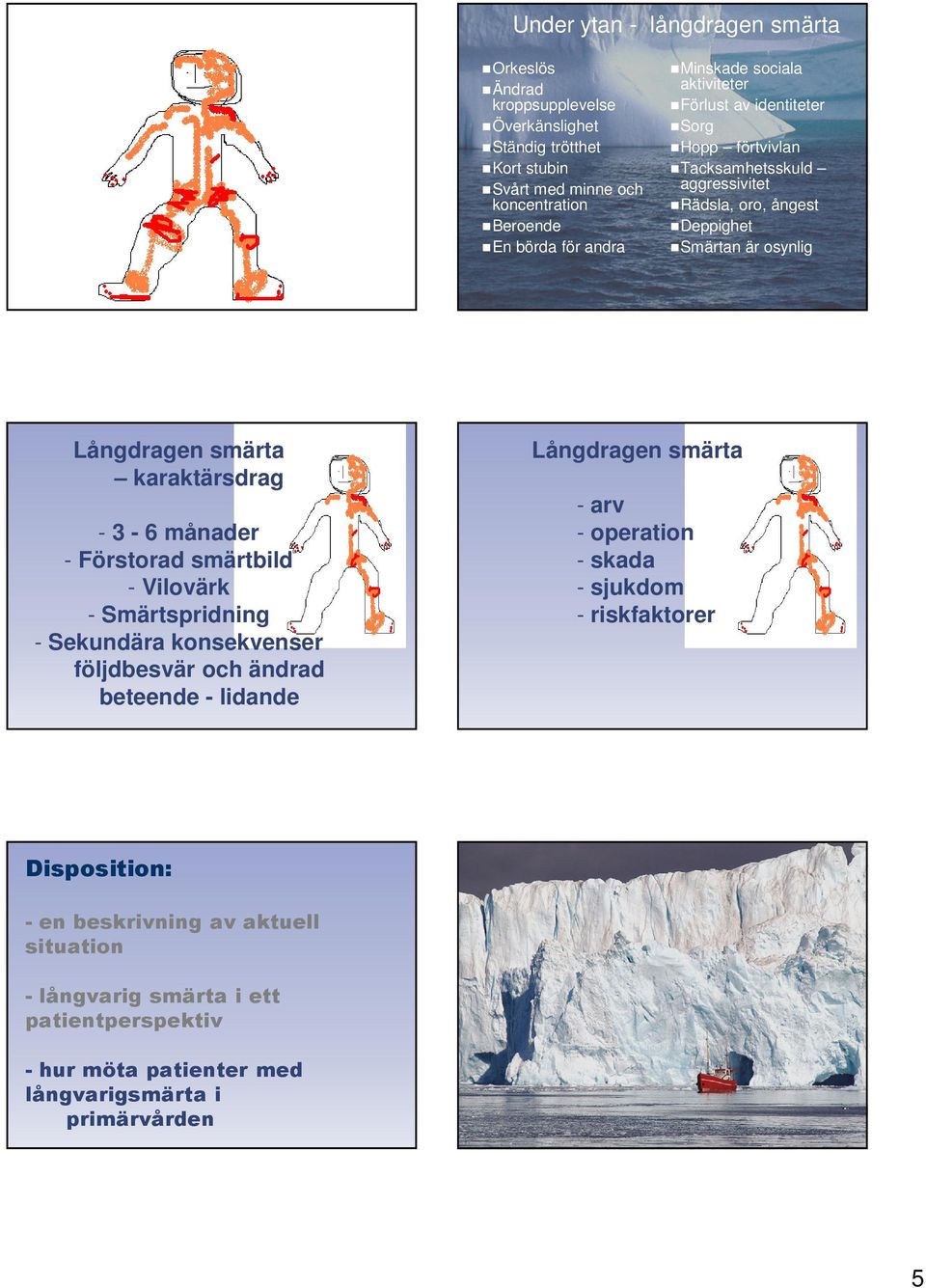 3-6 månader - Förstorad smärtbild - Vilovärk - Smärtspridning - Sekundära konsekvenser följdbesvär och ändrad beteende - lidande Långdragen smärta - arv - operation - skada -