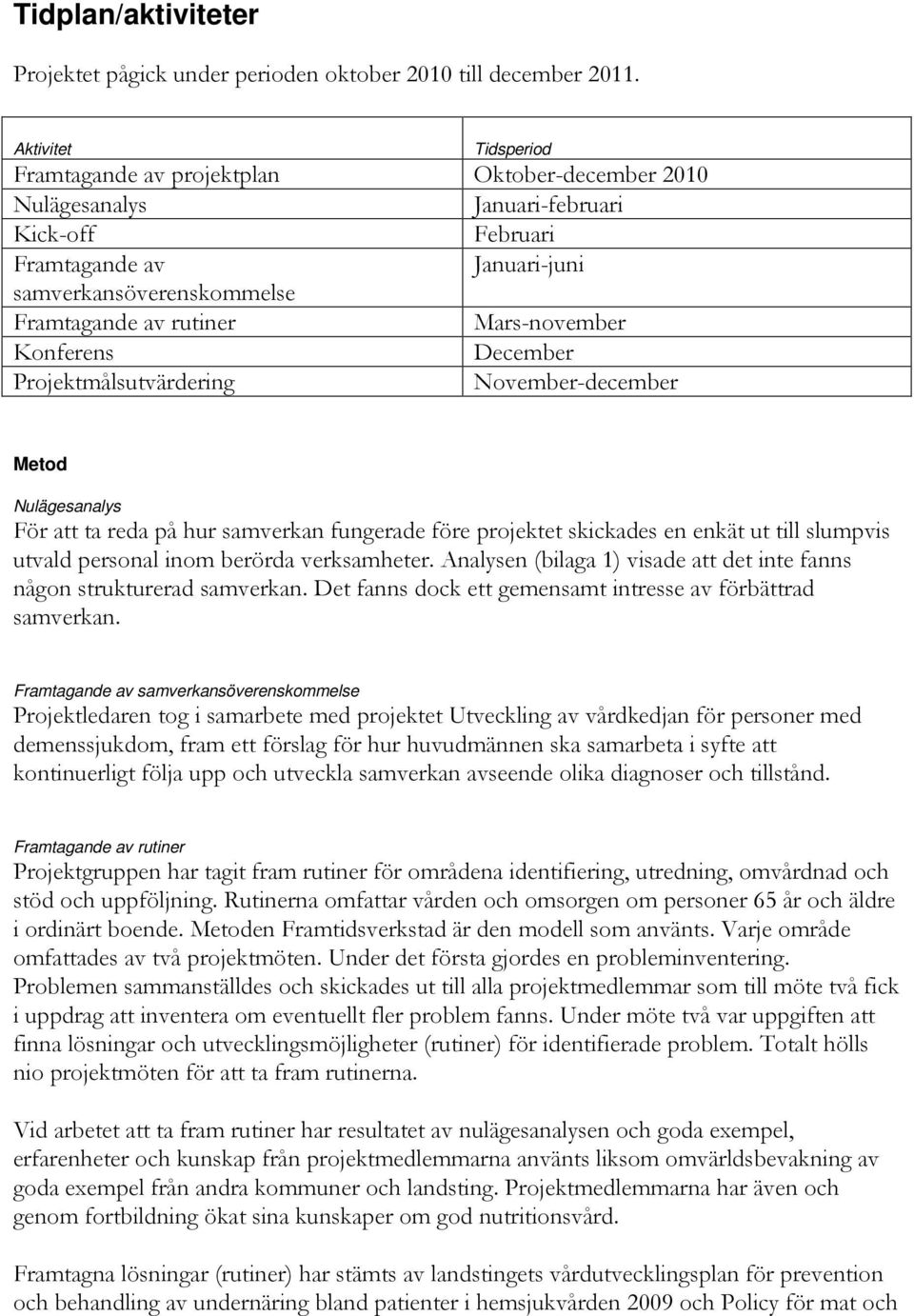 Mars-november Konferens December Projektmålsutvärdering November-december Metod Nulägesanalys För att ta reda på hur samverkan fungerade före projektet skickades en enkät ut till slumpvis utvald