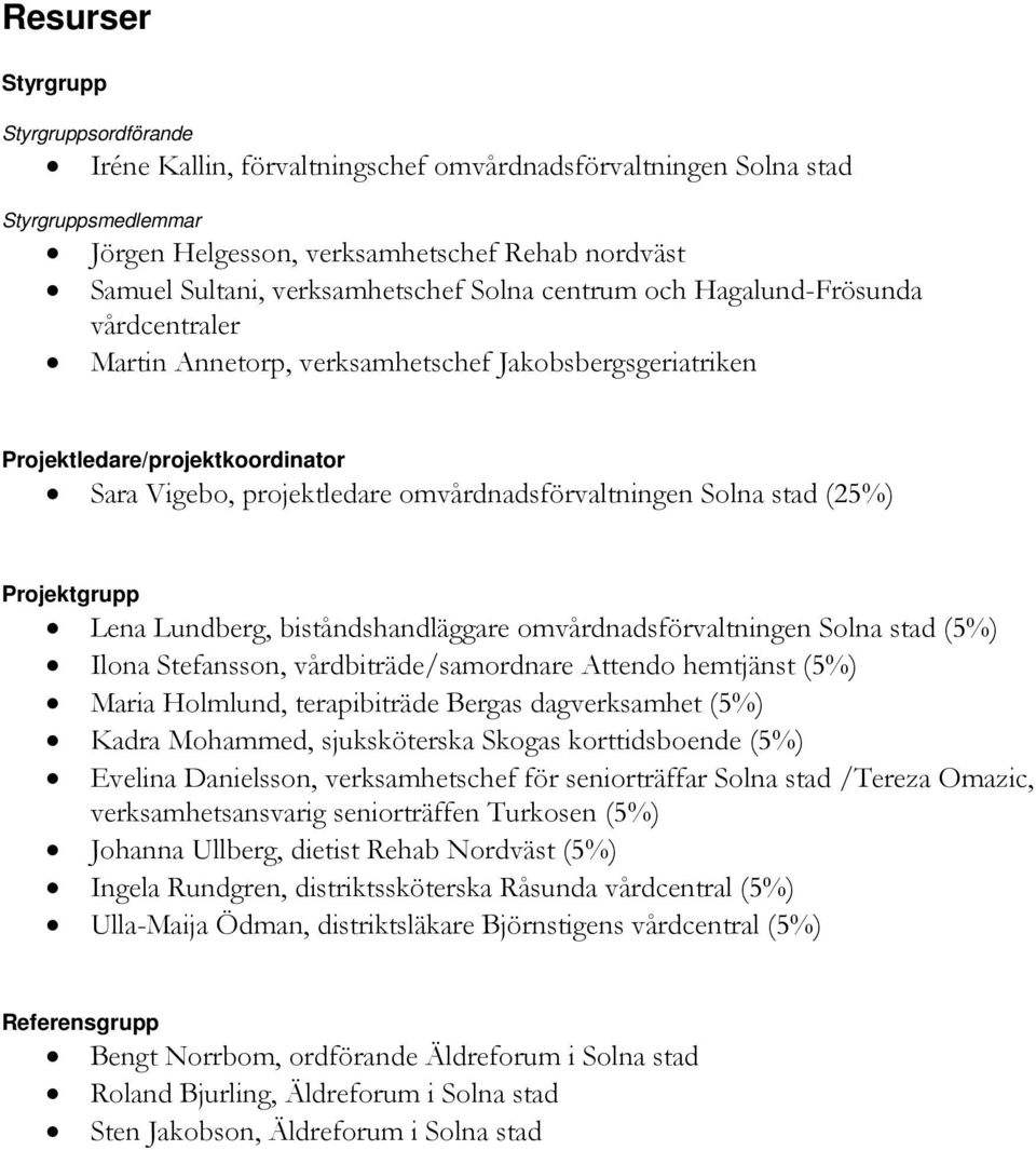 omvårdnadsförvaltningen Solna stad (25%) Projektgrupp Lena Lundberg, biståndshandläggare omvårdnadsförvaltningen Solna stad (5%) Ilona Stefansson, vårdbiträde/samordnare Attendo hemtjänst (5%) Maria