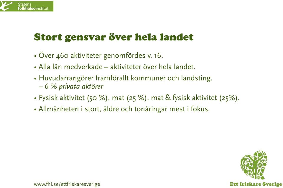 Huvudarrangörer framförallt kommuner och landsting.