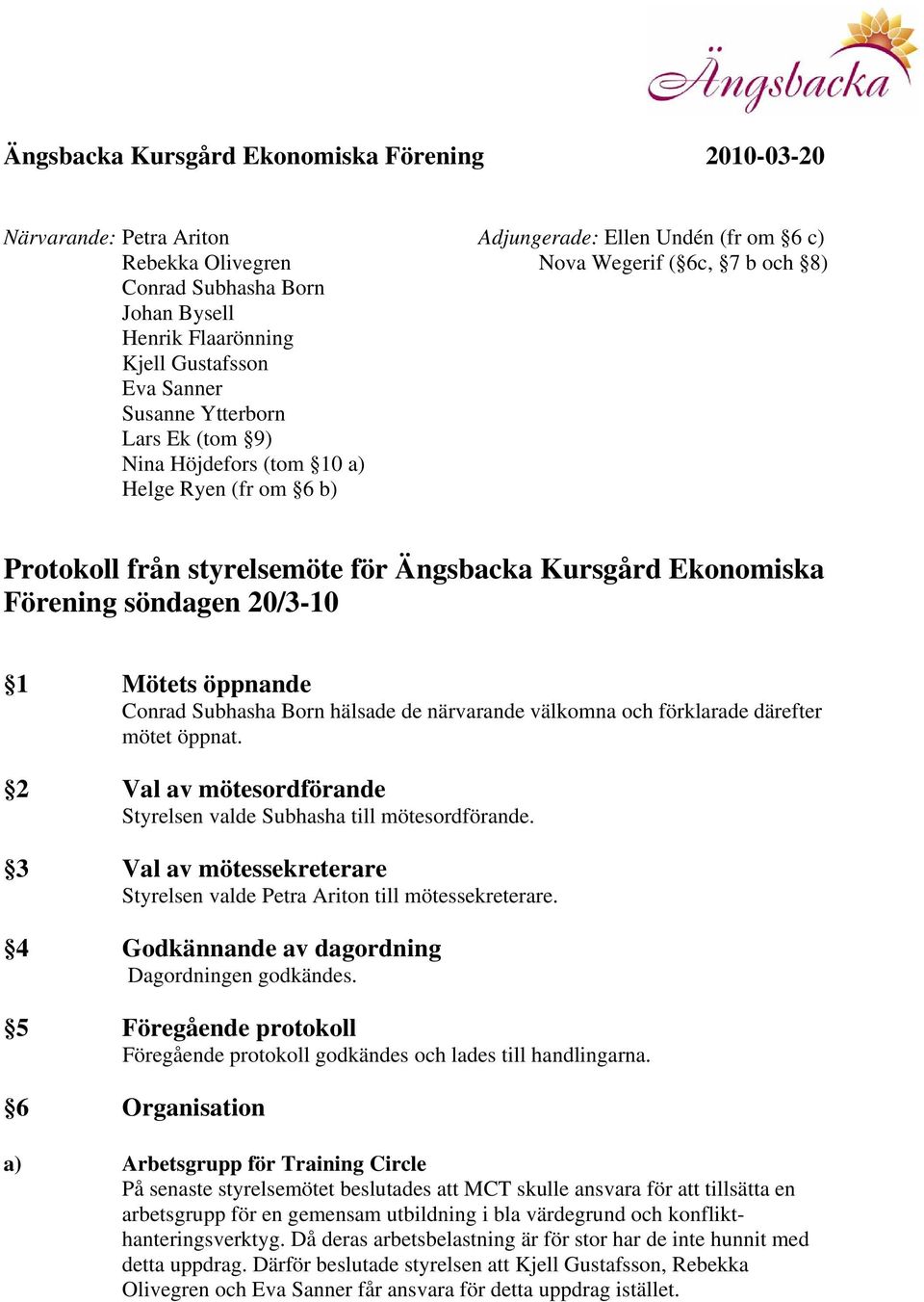 Förening söndagen 20/3-10 1 Mötets öppnande Conrad Subhasha Born hälsade de närvarande välkomna och förklarade därefter mötet öppnat.