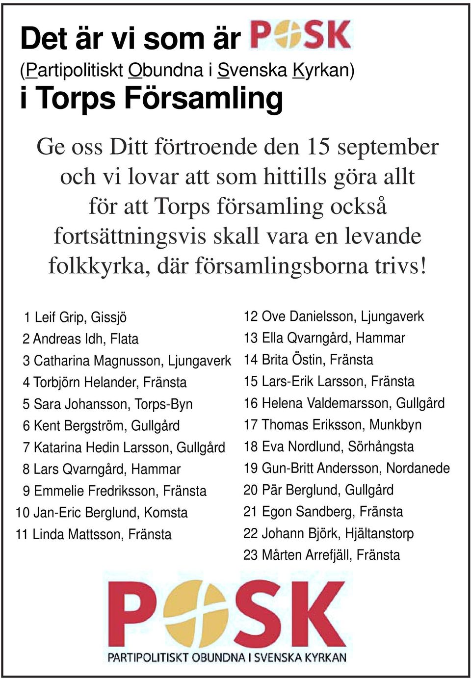 1 Leif Grip, Gissjö 2 Andreas Idh, Flata 3 Catharina Magnusson, Ljungaverk 4 Torbjörn Helander, Fränsta 5 Sara Johansson, Torps-Byn 6 Kent Bergström, Gullgård 7 Katarina Hedin Larsson, Gullgård 8