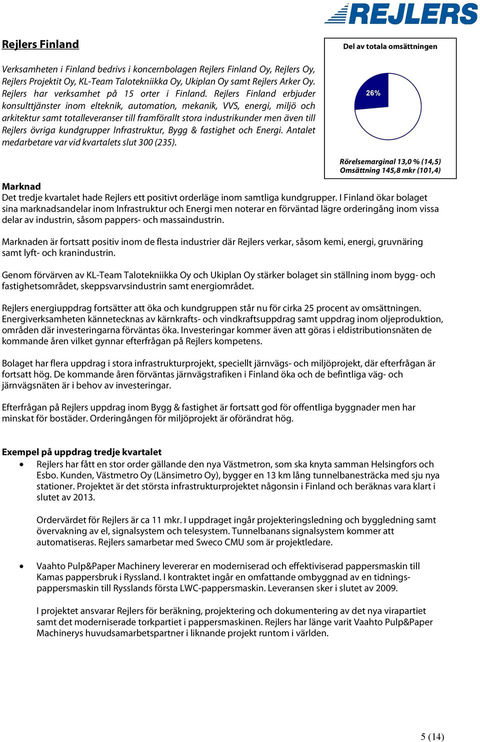 Rejlers Finland erbjuder konsulttjänster inom elteknik, automation, mekanik, VVS, energi, miljö och arkitektur samt totalleveranser till framförallt stora industrikunder men även till Rejlers övriga