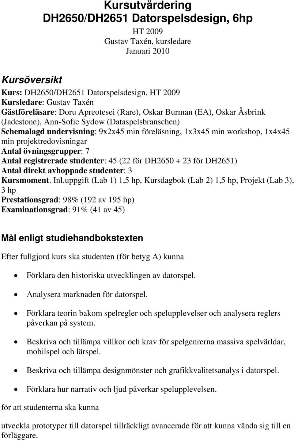 projektredovisningar Antal övningsgrupper: 7 Antal registrerade studenter: 45 (22 för DH2650 + 23 för DH2651) Antal direkt avhoppade studenter: 3 Kursmoment. Inl.