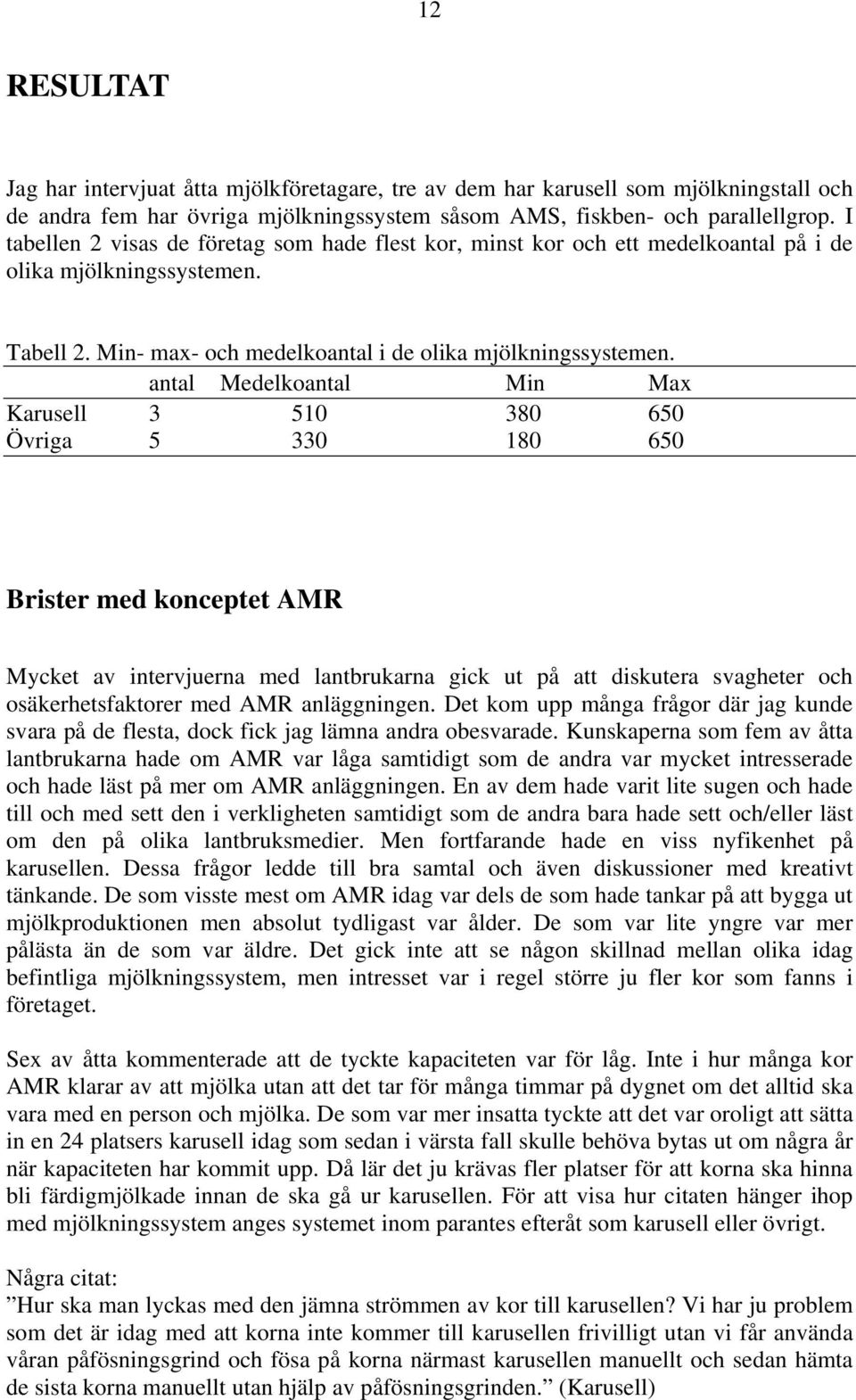 antal Medelkoantal Min Max Karusell 3 510 380 650 Övriga 5 330 180 650 Brister med konceptet AMR Mycket av intervjuerna med lantbrukarna gick ut på att diskutera svagheter och osäkerhetsfaktorer med