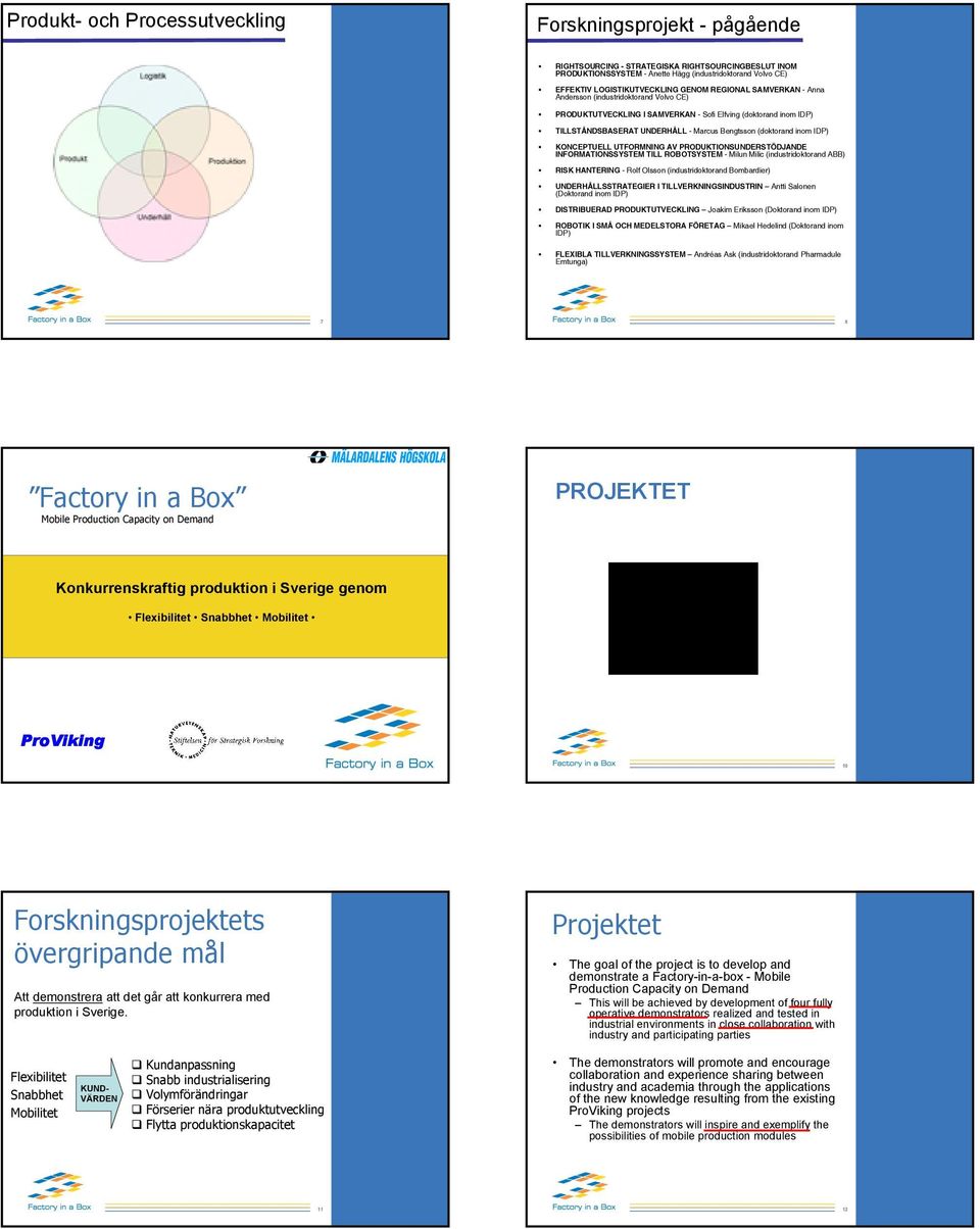 UTFORMNING AV PRODUKTIONSUNDERSTÖDJANDE INFORMATIONSSYSTEM TILL ROBOTSYSTEM - Milun Milic (industridoktorand ABB) RISK HANTERING - Rolf Olsson (industridoktorand Bombardier) UNDERHÅLLSSTRATEGIER I