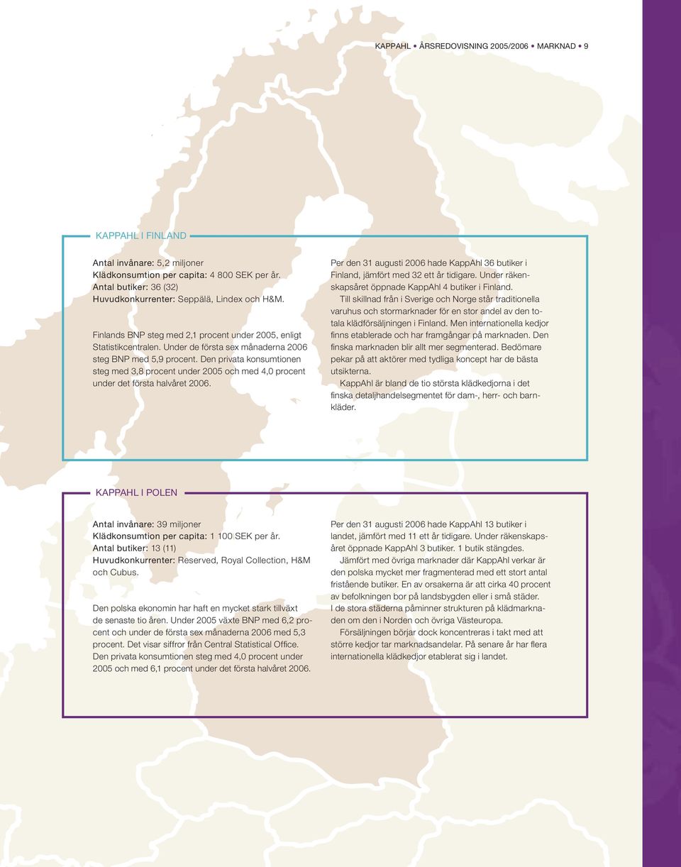 Den privata konsumtionen steg med 3,8 procent under 2005 och med 4,0 procent under det första halvåret 2006. Per den 31 augusti 2006 hade KappAhl 36 butiker i Finland, jämfört med 32 ett år tidigare.