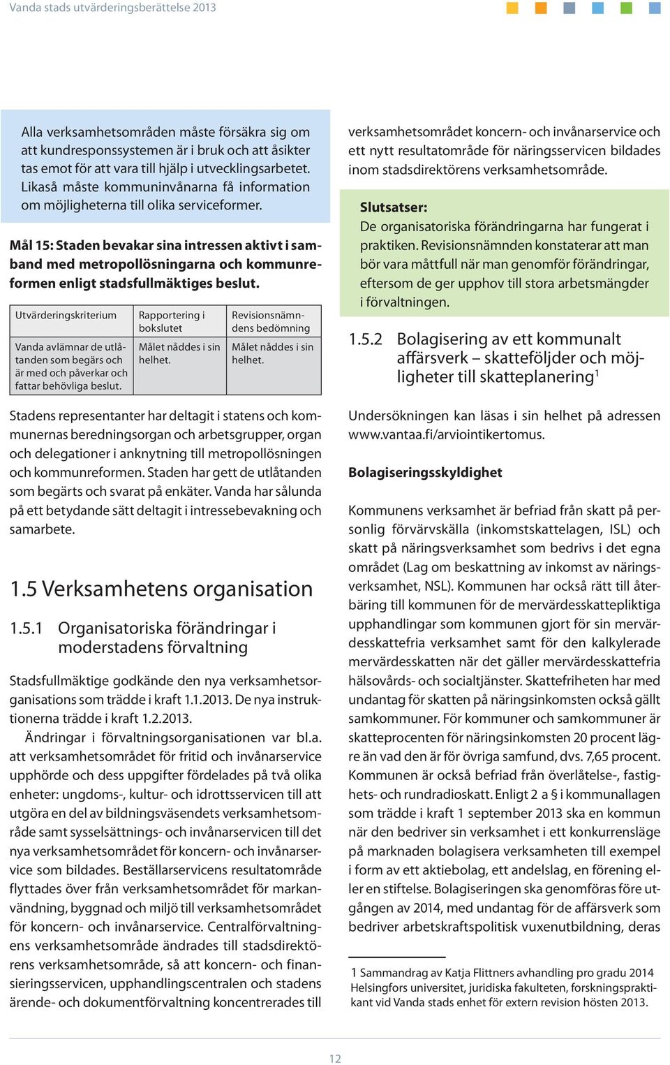 Mål 15: Staden bevakar sina intressen aktivt i samband med metropollösningarna och kommunreformen enligt stadsfullmäktiges beslut.